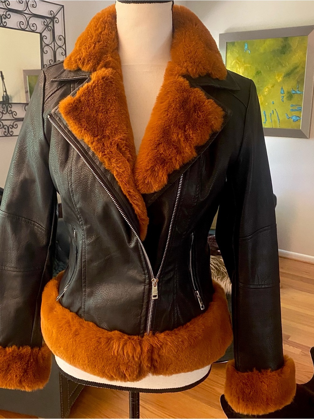 Black Vegan Leather Jacket with Fabulous Burnt orange/ copper color Fur Trim